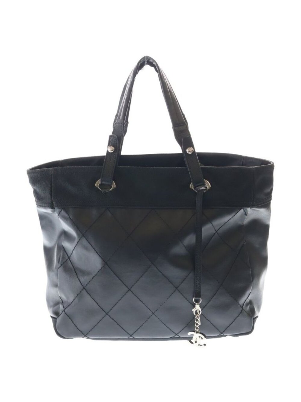 Chanel Paris Biarritz CC Logo Quilted Leather Tote Black